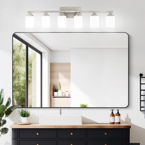 Brushed Nickel Bathroom Light Fixtures (Nickel-White Shade / 6-Light)