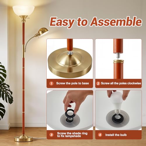 72" Wood Torchiere Floor Lamp with Glass Shade Gold Standing Lamp (Wood Color)