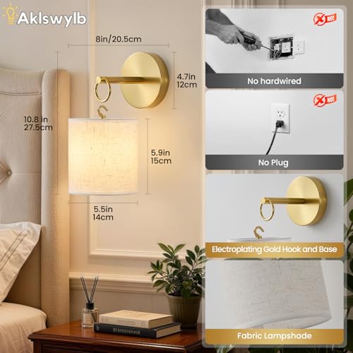 Detachable Wall Sconces Battery Operated With Hanging Hook (Gold / 2 Pack)