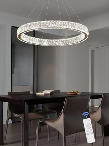 Modern LED Gold Ring Chandelier 31.5" Dimmable Adjustable Crystal Ring Pendant Light for Dining Room Living Room (Gold 1 Ring 32")