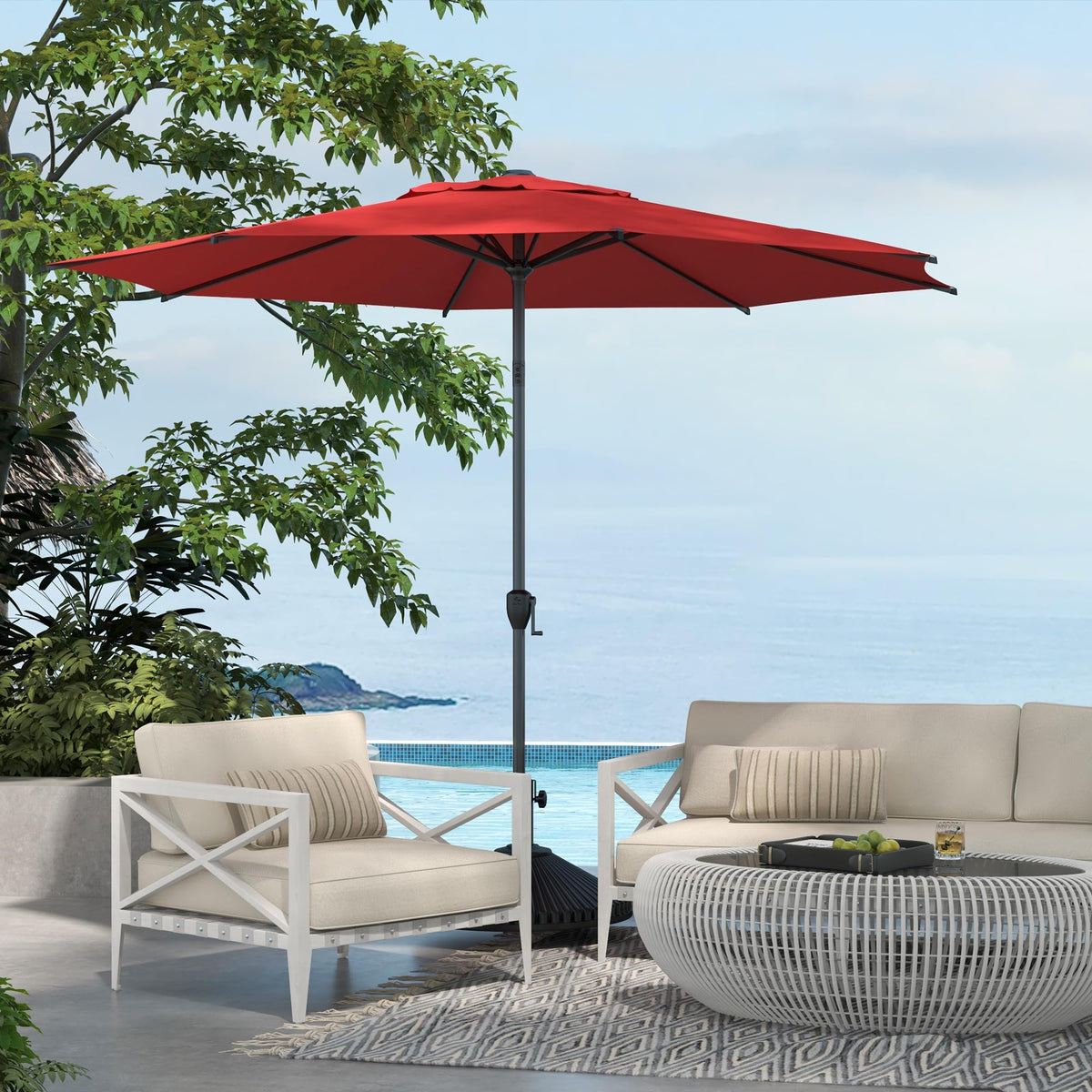 9FT Lyon Outdoor Patio Umbrella Outdoor Table Umbrella with Push Button Tilt and Crank Market Umbrella 8 Sturdy Ribs UV Protection Waterproof for Garden Deck Backyard Pool Dark Red (9 FT(8 Ribs) / Red)