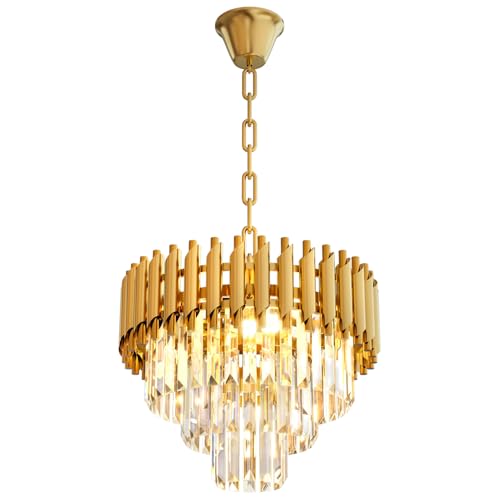 Modern Gold Crystal Chandelier 16" Round Chandeliers for Dining Room 3 Tiers Ceiling Pendant Light Fixtures Adjustable Hanging Chandeliers for Living Room Foyer Bedroom Kitchen (D15.5"XH13.3" Gold)
