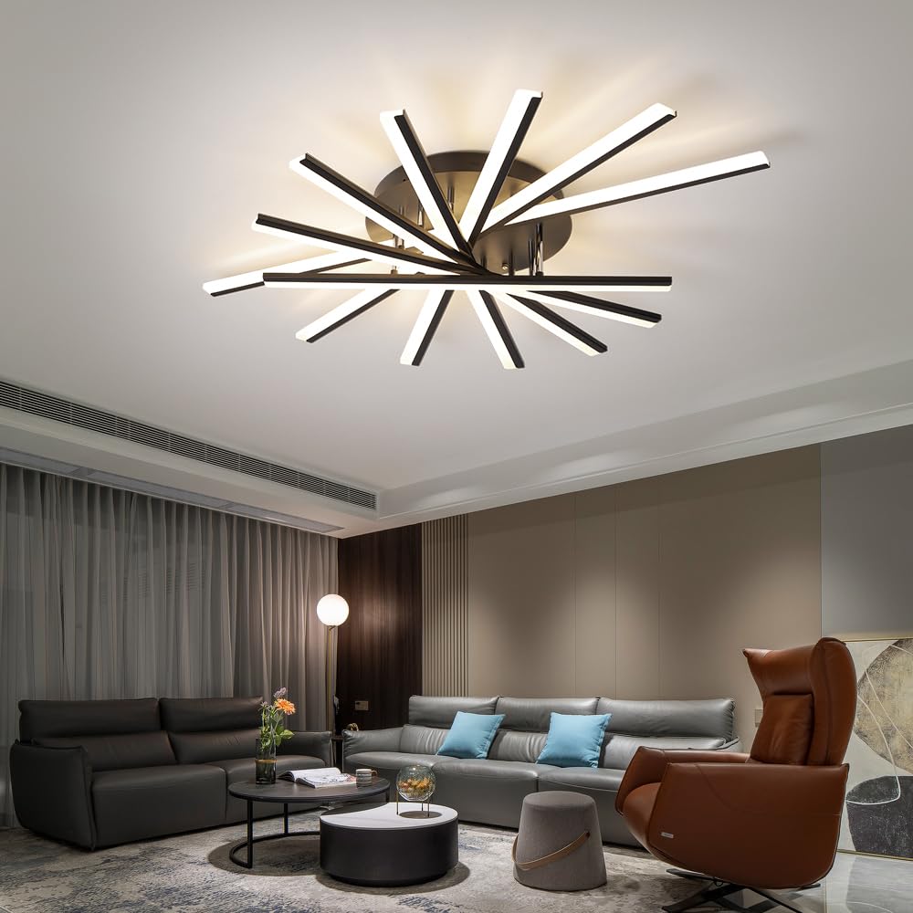 7 Lights Linear Modern Ceiling Lamp 41.3 inch Dimmable Led Semi Flush Mount Black Spiral Ceiling Light Fixture for Bedroom Dining Room Kitchen Island Living Room (Black / 41.3in)