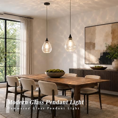 Black Glass Pendant Lights Kitchen Island 8" Pendant Light Fixtures Hammered Clear Glass Height Adjustable Modern Hanging Pendant Lights for Dining Room Bedroom Hallway Sink Bulb Incl (Black, 1 PK / 8 Inch)