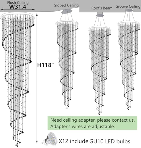 118inch Modern Crystal Chandelier for High Ceiling Living Room Foyer Crystal Raindrop Pendant Light Dimmable Lighting with Remote Straircase Fixture LED Bulbs (Silver / Spiral W32" X H118")