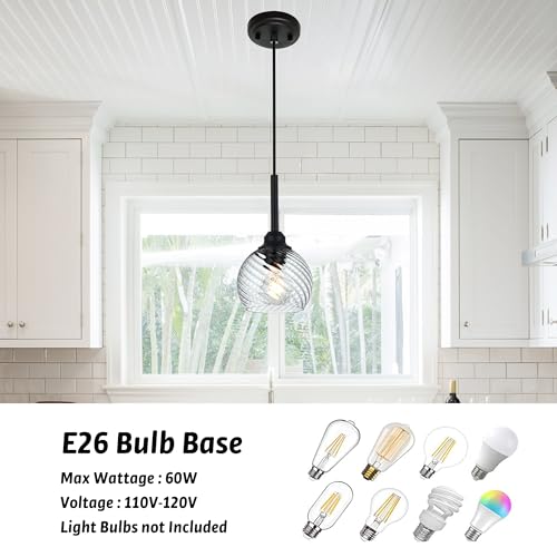 2 Pack Pendant Lights Kitchen Island with Clear Striped Swirl Globe Glass (Transparent / 1-Light-2 Packs)