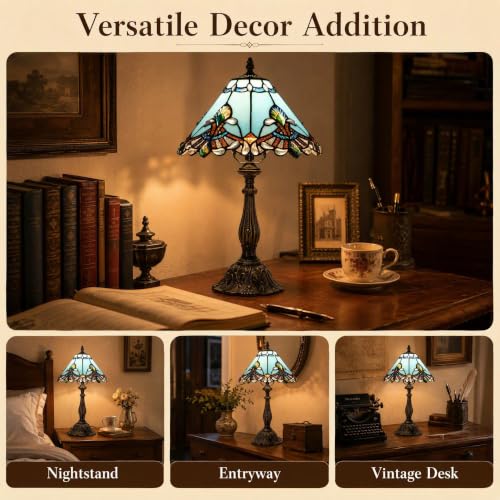 Tiffany Table Lamp Stained Glass Bedside Reading Light W12H19 inch (Sapphire Baroque Style)