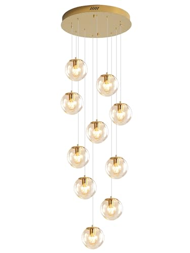 10 Light LED Staircase Modern Glass Globe Pendant Light Gold Chandeliers Large Chandeliers for High Ceilings (Gold-Clear / Globe 10-Light)