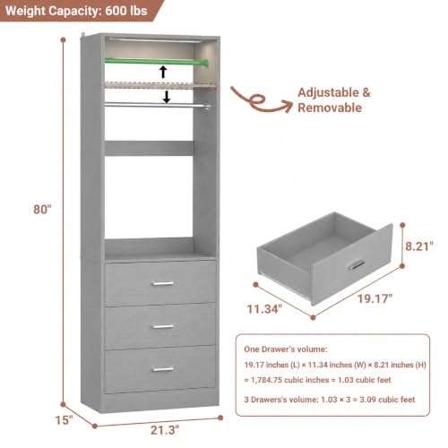 Closet System with Drawers & Sensor Light (Grey / 1 Set)