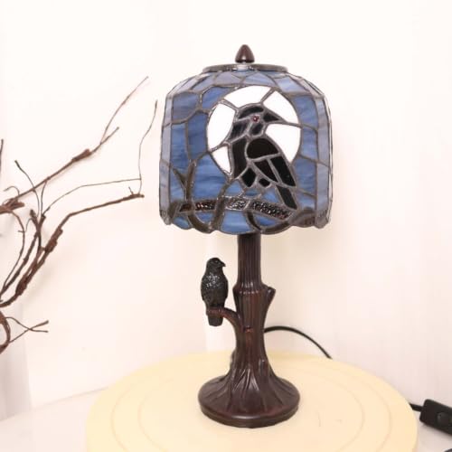 L12029 Tiffany Style Stained Glass Raven Table Lamp (Dark Blue / 6Wx13H Mini)