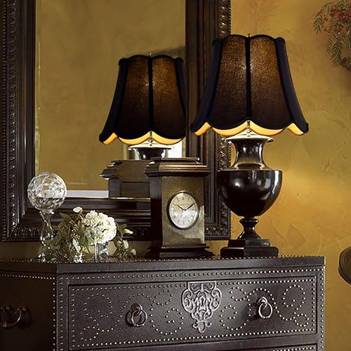 Wavy Floral Scalloped Lamp Shade Replact (Black & Gold-natural faux silk / 8"×13"×11" (Spider)-1 pc)