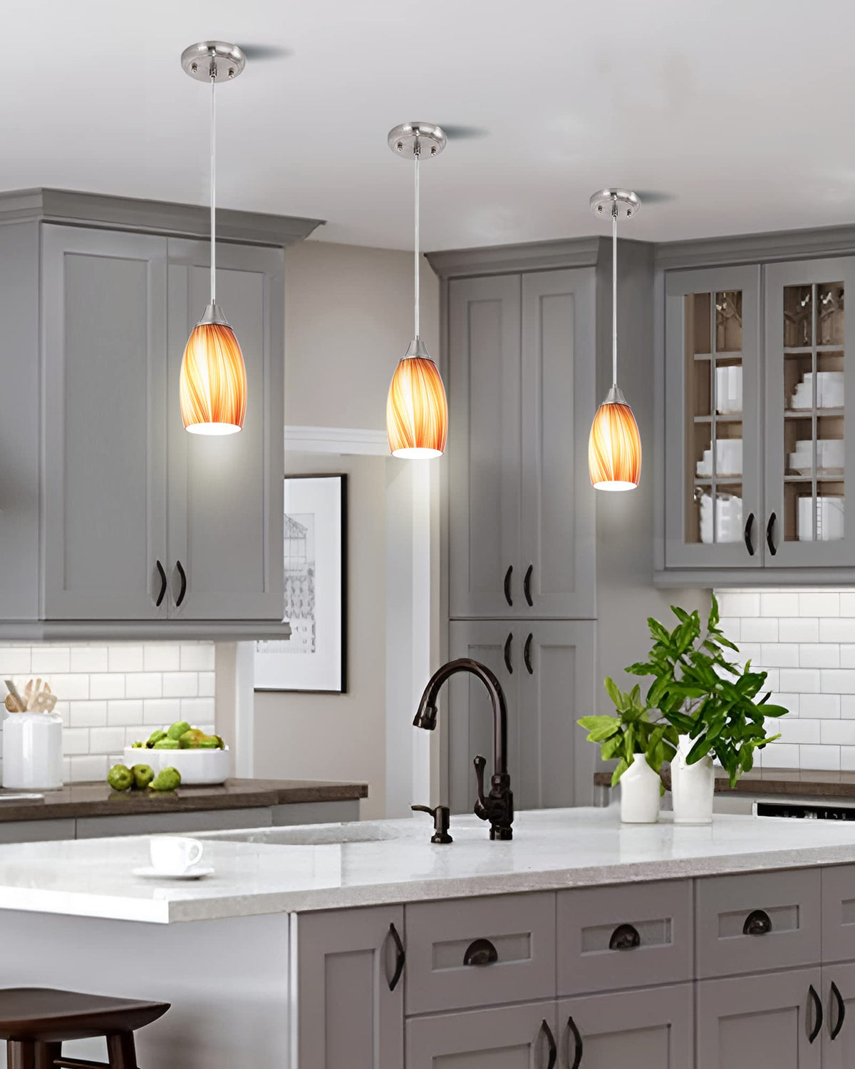 Art Glass Mini Pendant Lights for Kithen Island Blown Glass Pendant Lighting Shade with Brushed Nickel Finish 3Pack Hanging Pendant Light Kitchen Counter (Mixed Red Orange and Yellow -3Packs)