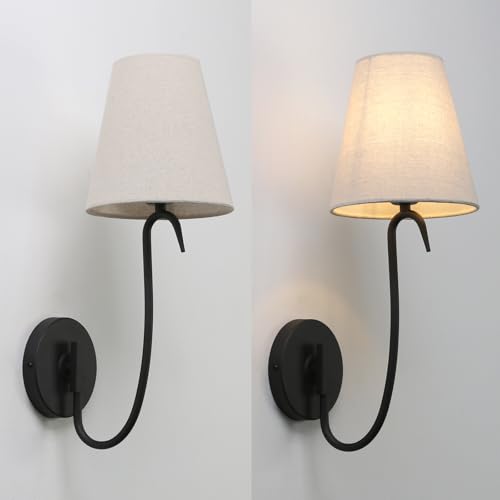 Swan Neck Wall Sconces Fixtures with Linen Fabric Shade Set of 2