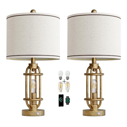 23.75'' Table Lamps Set of 2 for Living Room Bedroom Industrial Farmhouse Metal Touch Lamps with USB A+C Ports (23.75'' Champagne Gold - Set of 2)