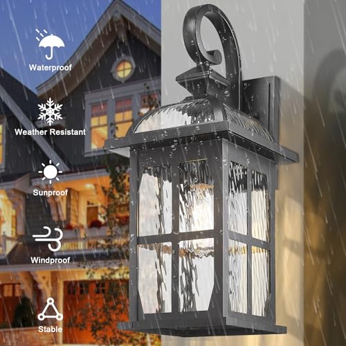 2pcs Large Outdoor Wall Light (Black-Water Ripple Glass / Large-2 Pack)