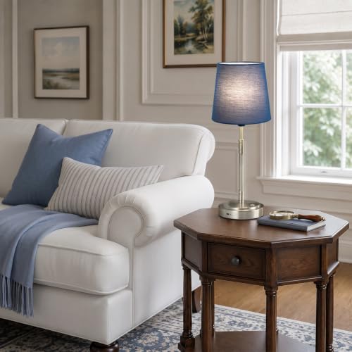 Cordless Table Lamps Set of 2 (Brushed Nickel + Blue Lampshade (2 Pack))