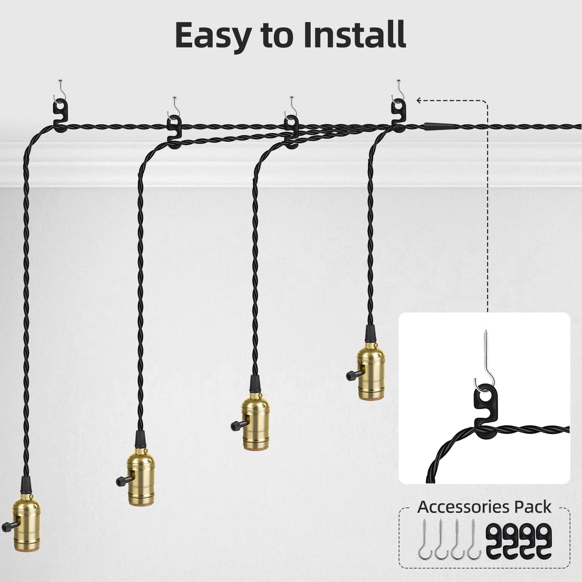Plug in Pendant Light Cord Kit (Gold / 1 plug with 4 sockets)
