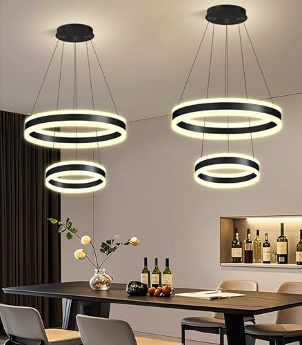 D7.8''+15.7'' Modern Ring Chandelier for Dining Room LED Dimmable Pendant Lighting for Living Room Foyer Bedroom Entryway 3000K (1044-Black / 2 Rings-15.7'')