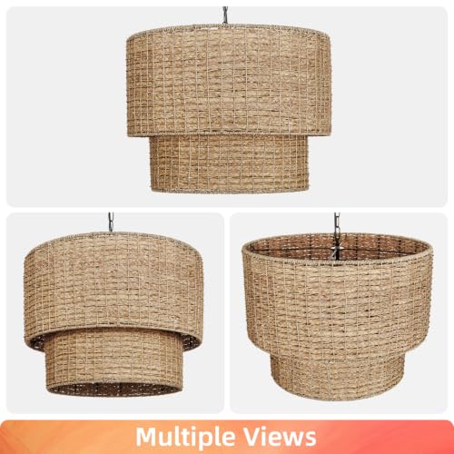 3 Light Boho Large Rattan Chandelier Light Fixture for Kitchen (3-Light / 23.6″H)