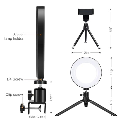 2 in 1 LED 6" Ring Light with Tripod Stand & Clamp for YouTube Video and Makeup (Black / 6‘’ with Tripod & Clamp)
