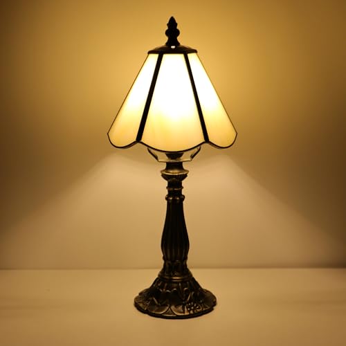 Small Tiffany Style Table Lamp Beige Stained Glass Lamp 14 Inch (Beige)