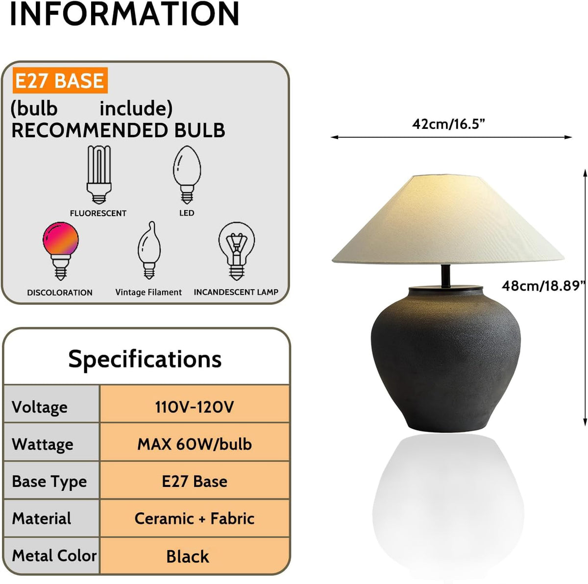 Farmhouse Table Lamps Black 18.8" Tall Ceramic Table Lamp Rustic Southwestern Clay Pot Ceramic Lampshade with Fabric Shade Bedside Nightstand for Living Room Bedroom House Office Entryway (Black)