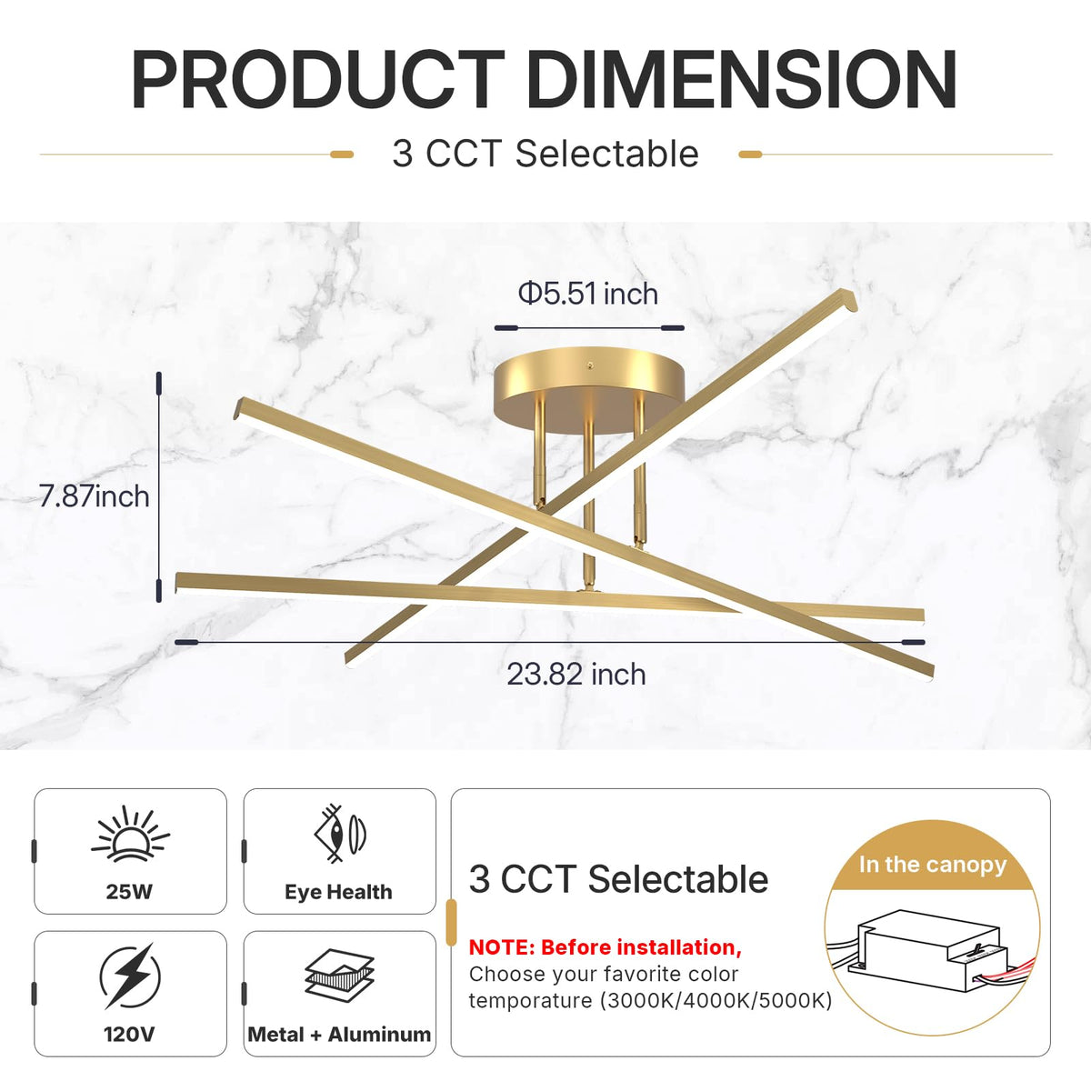 Gold LED Chandelier (Gold-A / 3 Lights - 3CCT - 23.82")