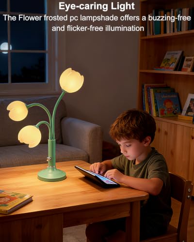 Flower Green Table Lamp Dimmable 3 Bulbs Included Gift for Nursery (12-Green-Flower-3U)