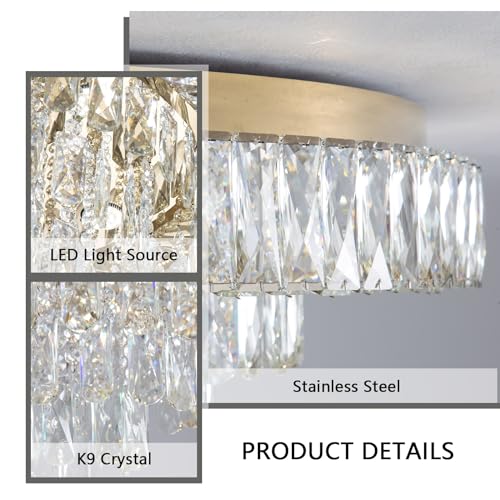 Modern Crystal Chandeliers for Dining Room LED Light Fixture Close to Ceiling Chandelier Flush Mount Ceiling Light Dimmable Lamp with Remote for Living Room Bedroom Hallway (Gold / 19.7" Width)