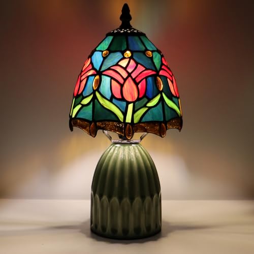 Small Tiffany Mushroom Table Lamp Stained Glass Desk Lamp Ceramic Base Antique Accent Lamp 6X6X12.5 Inch(Pink Jewelry Baroque)