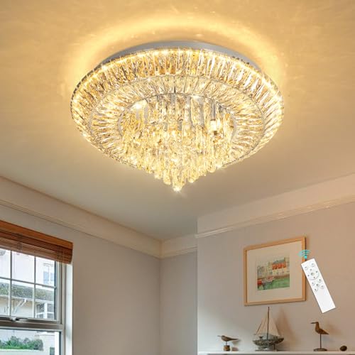 Modern LED Chandelier Crystal Ceiling Light Fixture Raindrop Chandeliers Dimmable Lighting for Living Room Dining Room Entryway Bedroom Silver (Silver / W24")