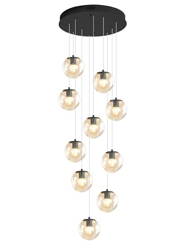 10 Light LED Staircase Modern Glass Globe Pendant Light Large Chandeliers for High Ceilings (Black-Clear / Globe 10-Light)