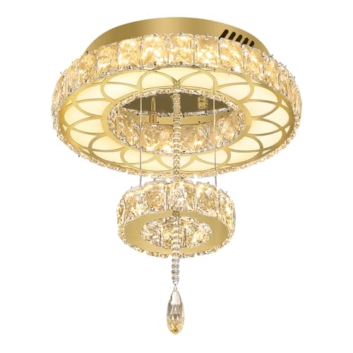 Dia 12" Crystal Mini Chandelier Crystal Gold Ceiling Light Fixtures LED Flush Mount Ceiling Light for Living Room Bedrooms Dining Room Dimmable 2700k 4500k 6000k (Gold / W:12inches)