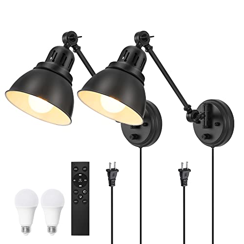 Plug in Wall Sconces Set of Two with Remote (Black-2 PACK(Bulbs+Remote))
