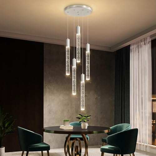 5 Lights Chandelier Modern Crystal Glam Light Remote Dimmable Pendant Lighting for Kitchen Island Dining Room Shiny Silver Light (5 lights / Silver)
