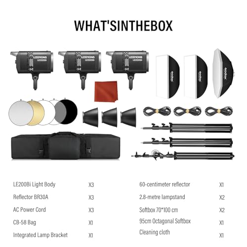 3Pack LE200Bi Light Kit wih Light Stand (BLACK)