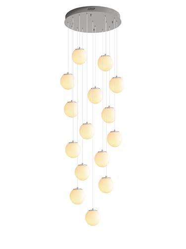 H 138" Large Chandelier with White Globe Glass Dimmable Ceiling Light Glass Pendant Light for Kitchen Island (Silver-White / Globe 15-Light)