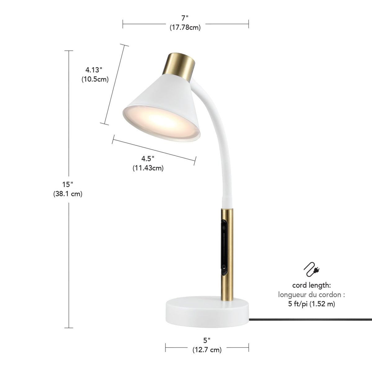 15" LED Integrated Matte White Desk Lamp with Matte Brass Accent and Adjustable Silicone Gooseneck (Matte White, Albert)