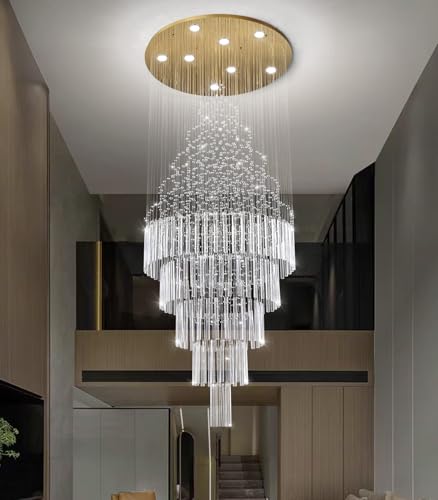 W24 x H78 Crystal Glam Chandelier Long Light Chandeliers with Dimmable Light Bulbs High Ceiling Light Fixtures for Foyer Entryway Living Room Stair Gold (Gold / Round W24" X H78")