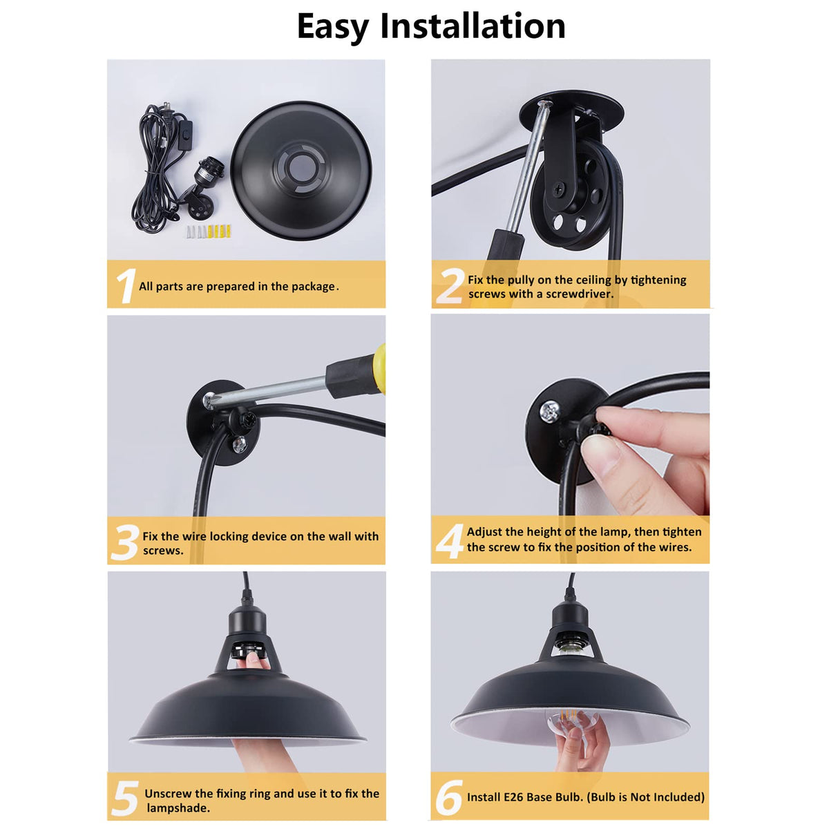 Plug in Pulley Pendant Light with 14.76ft Cord On (Black / 1 Pack)