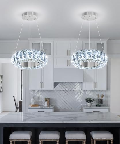 8" Ring Modern LED Dimmable Crystal Chandelier Adjustable Height Pendant Light Round Crystal Chandelier Light Fixtures for Dining Room Living Room Kitchen Island Silver (Silver / 1 Ring Round 8")