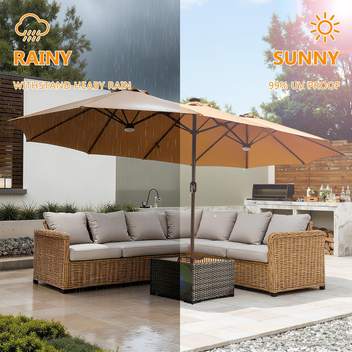 15FT Double Sided Rectangular Patio Umbrella with USB Rechargeable Warm LED Lights (Khaki)
