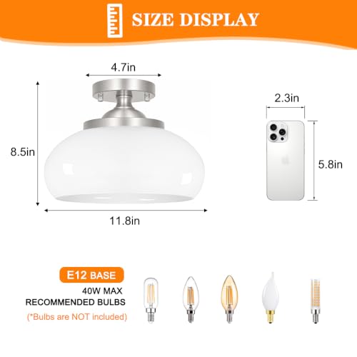Brushed Nickel Semi Flush Mount Ceiling Light (Nickel & White Glass / 12in)