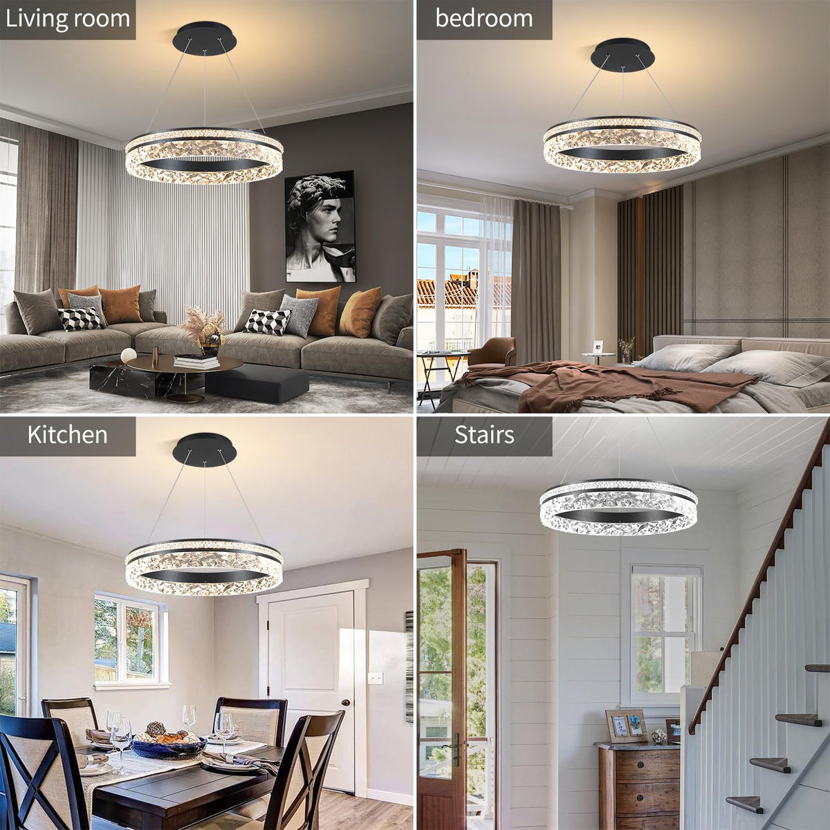 Modern LED Chandelier 1 Ring 19.7in Pendant Lighting for Kitchen Island 50W Dimmable LED Pendant Ceiling Light Black Hanging Light Fixtures with Remote for Kitchen Dining Room Bedroom Living Room (1 Ring / Black 19.7in)