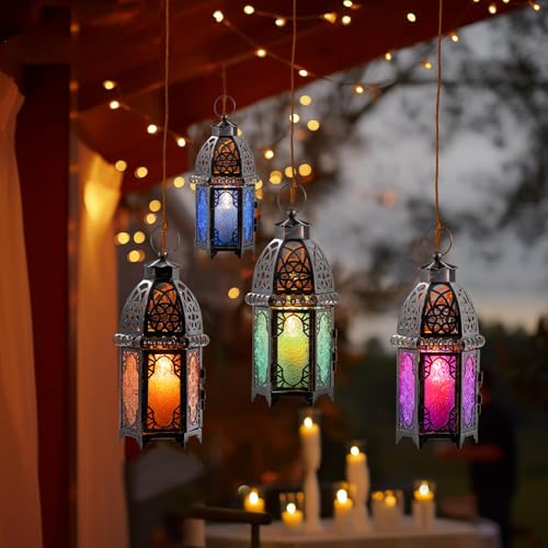 Set of 2 Vintage Large Decorative Moroccan Candle Lantern (Large / Amber - 12.8''h)