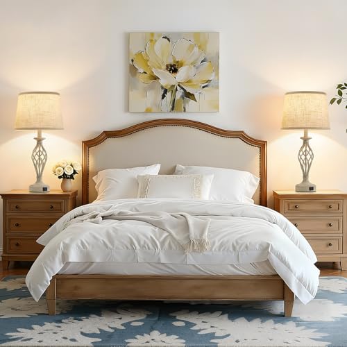 Table Lamp for Bedroom Set of 2 with USB C+A Ports (Light Grey Base + Beige Shade)