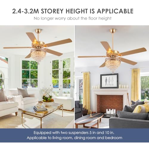 62"Golden Crystal Chandelier Ceiling Fans with Lights and Remote Control (Gold-62IN)