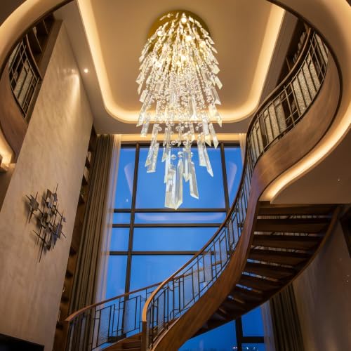 D24'' x H78'' Modern Crystal Chandelier High Ceiling Chandeliers for Entryway Glam Chandelier Large Raindrop Chandeliers LED Dimmable Light Fixtures for Staircaes Foyer Hallway Living Room Black (D24" x H78" Black)