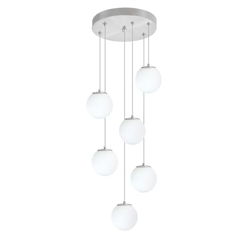 6 Light Silver Chandelier with White Globe Glass Dimmable Ceiling Light Glass Pendant Light for Kitchen Island (Silver-White / Globe 6-Light)