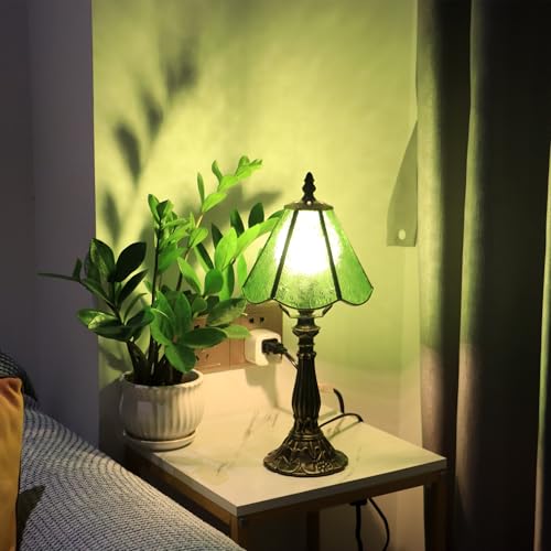 Tiffany Style Table Lamp Green Flower Stained Glass Lamp 14 Inch (Green Plum Blossom)